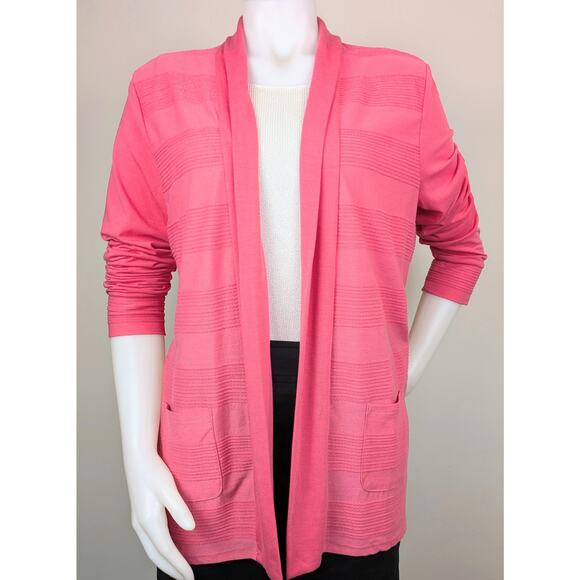 Talbots Open Cardigan Large Pink Lightweight Textured Woven Stretch Patch Pocket - Picture 2 of 12